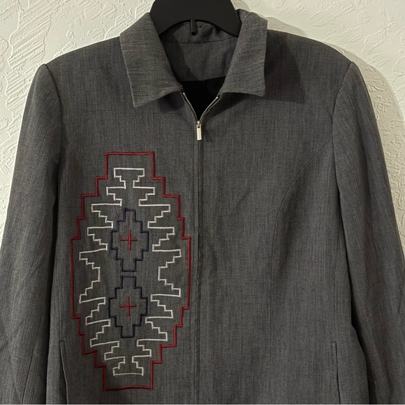 Jackets & Blazers - Women XL‎ Lined Zip Grey Blazer Padded Shoulder Embroidered Southwestern Maroon